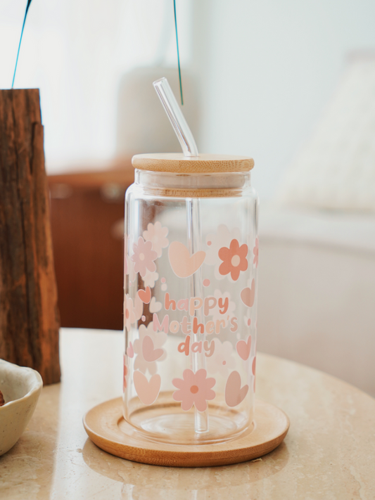 Mother's Day Hearts & Flowers Glass Cup