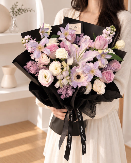 Noir Fleur | Pastel Purple Rose Bouquet with Lilies