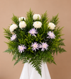 Ruby Condolences Flower Stand with white paper mums and lilac spider mums, full arrangement