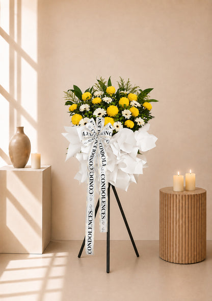 Brightwood Serenity Condolences Flower Stand with yellow papermums and green pom poms, front view