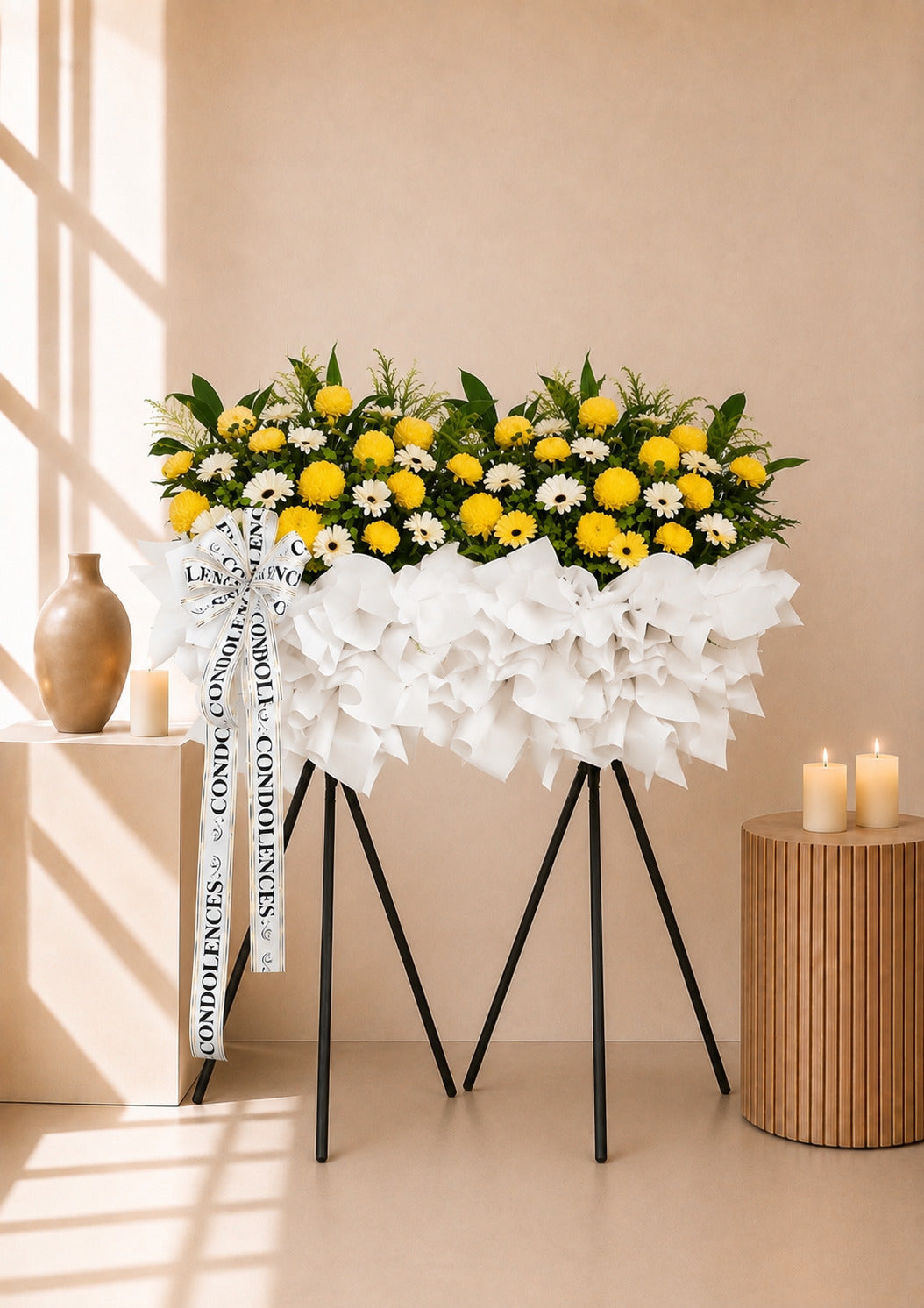 Brightwood Serenity Condolences Flower Stand with yellow papermums and green pom poms, full arrangement