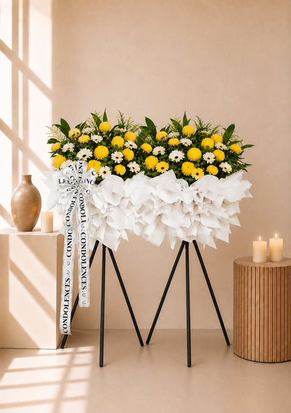 Brightwood Serenity Condolences Flower Stand with yellow papermums and green pom poms, full arrangement