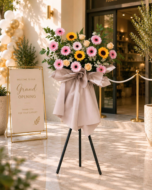 Ella Opening Flower Stand with sunflowers, champagne roses and pink gerberas, close-up of blooms