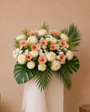 Faith Condolences Flower Stand with champagne gerberas and white paper mums, full arrangement