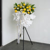 Brightwood Serenity Condolences Flower Stand - Yellow papermums, green button pom poms, yellow peacock flowers, 160cm sympathy arrangement KL Selangor Johor Bahru