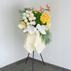 Verdant Whisper Condolences Flower Stand - Yellow gerberas, white papermums, champagne roses, sympathy arrangement KL Selangor Johor Bahru