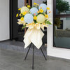 Golden Rise Grand Opening Flower Balloon Stand - Yellow gerberas, orange-peach carnations, warmth success grand opening arrangement