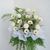 Twilight Blossom memorial flower stand with golden orchids and yellow blooms, condolences gift Malaysia
