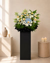 Blue Dawn Farewell Condolences Flower Stand - Cream gerberas, snow white blooms, blue elements, 160cm memorial arrangement KL Selangor Johor Bahru Malaysia