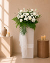 Fading Bloom Condolences Flower Stand with white papermums, ping pongs and matthiola, full arrangement