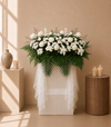 Fading Bloom Condolences Flower Stand with white papermums, ping pongs and matthiola, side view