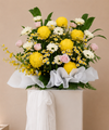 Warm Goodbye Condolences Flower Stand close-up with avalanche pink roses and dancing lady orchids, 160cm tall sympathy stand